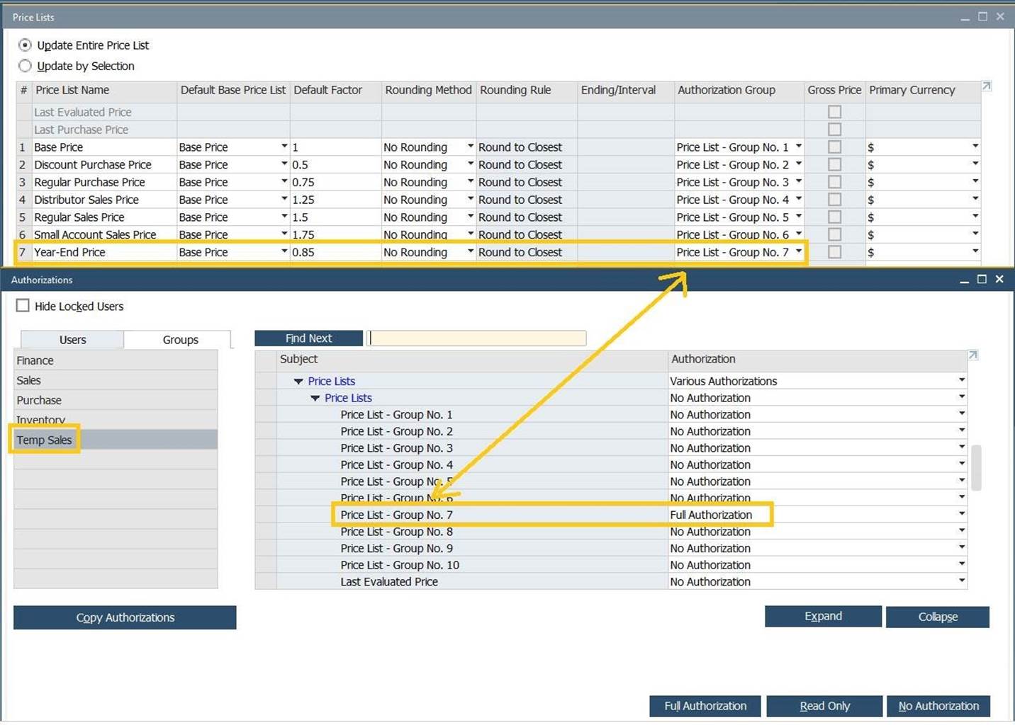 fine tune authorizations for price lists in SAP Business One (1)